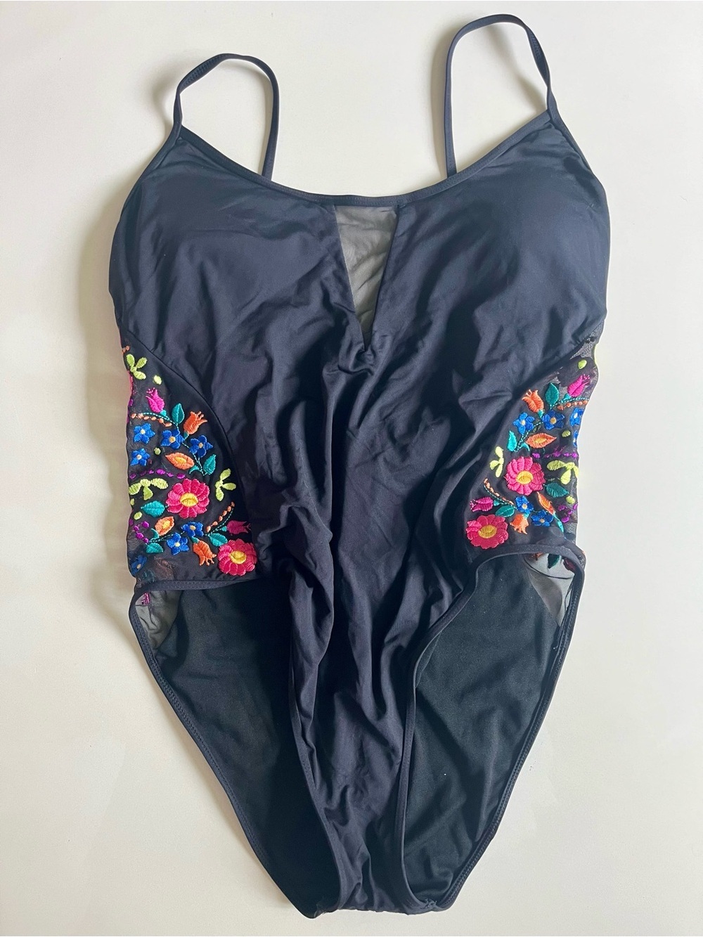 Nordstrom Black One-Piece Swimsuit with Colorful Floral Embroidery